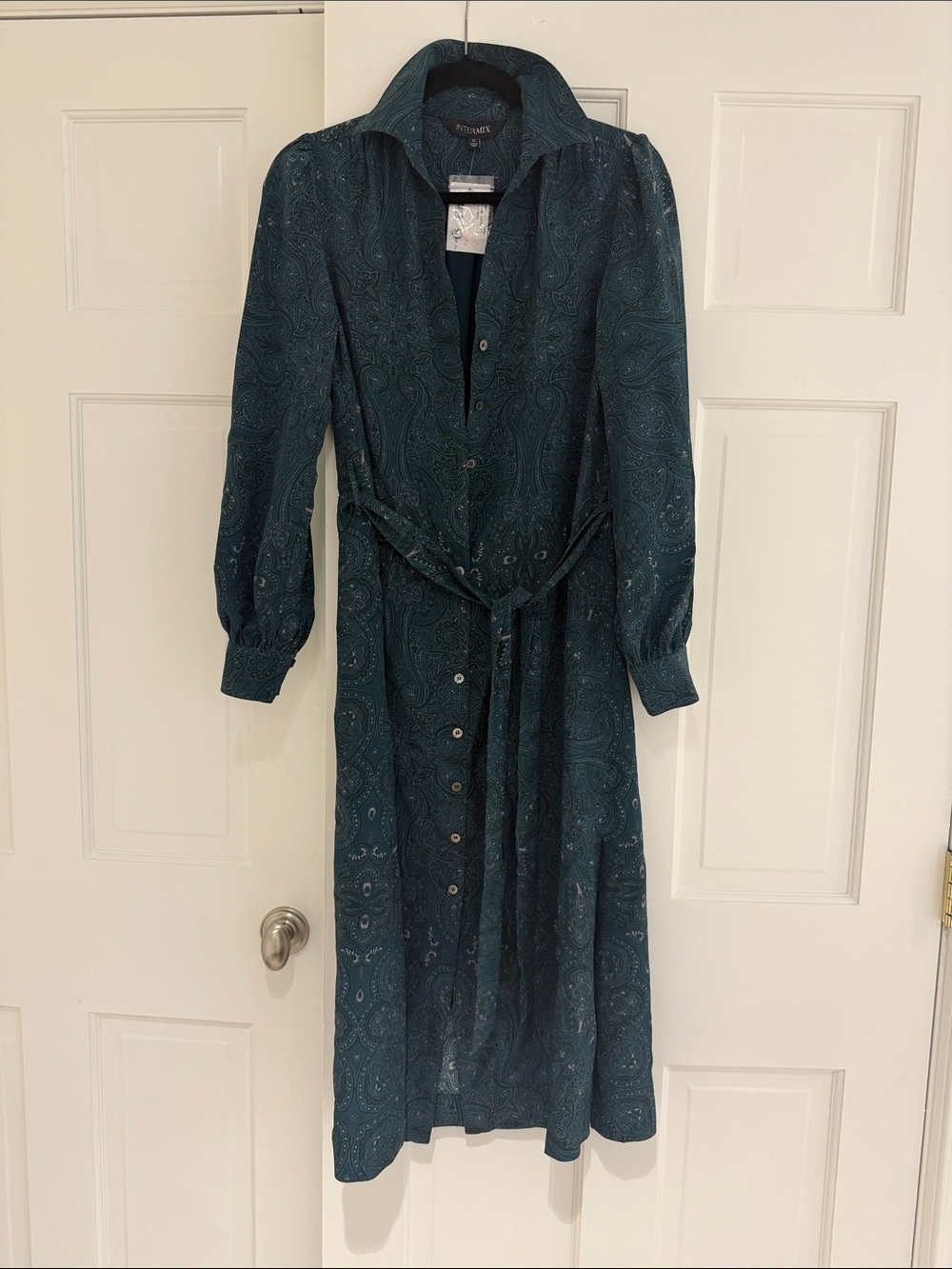 INTERMIX Teal Paisley Maxi Shirt Dress
